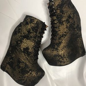 JEFFREY CAMPBELL Black Gold Rose Platform Wedge
